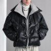 Custom Faux Two-Piece Mock-Neck Puffer Jacket - Style 023B7D Man wearing a black faux two-piece mock-neck puffer jacket