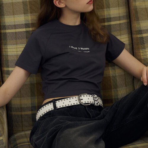 Custom Fill-Channel Streetwear Shorts | VW-246B9A20 - Style 246B9A Woman in a dark gray cropped t-shirt with text 'I HAVE 3 MOODS.'