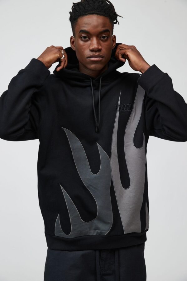 Custom Black Flame Applique Pullover Hoodie - Style 02CE18