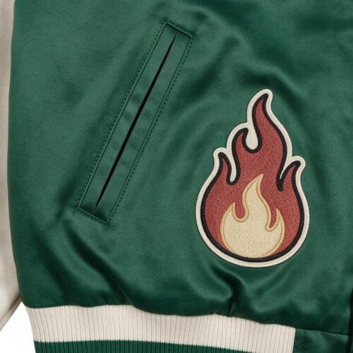 Custom Flame Applique Varsity Jacket - Style 34437D Green varsity jacket with a flame applique patch.