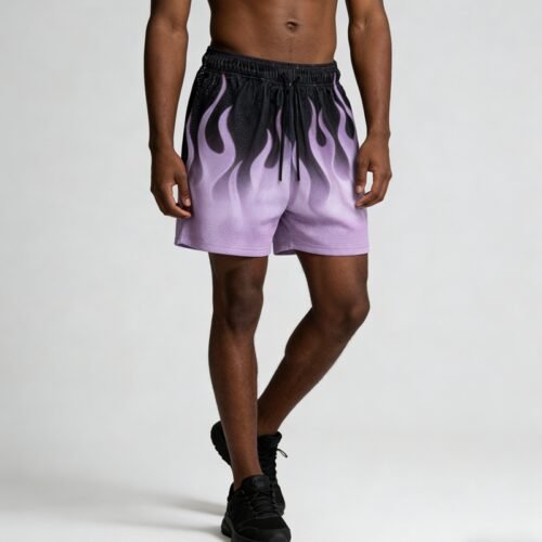 Custom Flame-Graphic Mesh Streetwear Shorts - Style C8743D Man wearing custom flame-graphic mesh streetwear shorts