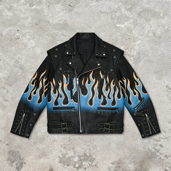 Custom Flame Sleeve Embossed PU Biker Jacket | VW-E1A2 - Style E1A2A7 - product detail view 2 Custom Flame Sleeve Embossed PU Biker Jacket | VW-E1A2 - Style E1A2A7 - product detail view 2