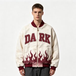 Custom Flame Applique Zip Varsity Jacket - Style 82F891