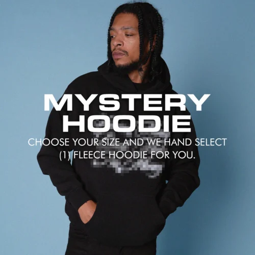 Black mystery hoodie with text overlay