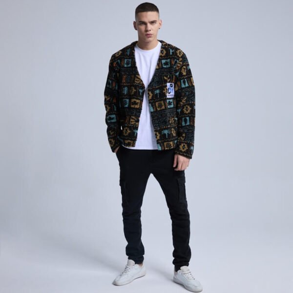 Custom Patterned Fleece Utility Jacket - Style 587AF8 Patterned fleece utility jacket with colorful geometric print