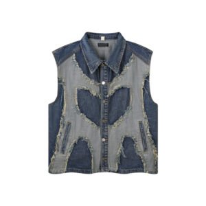 Distressed denim vest with patched details and button front