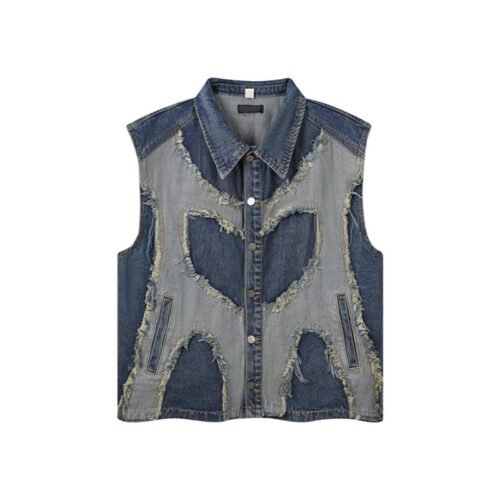 Distressed denim vest with patched details and button front