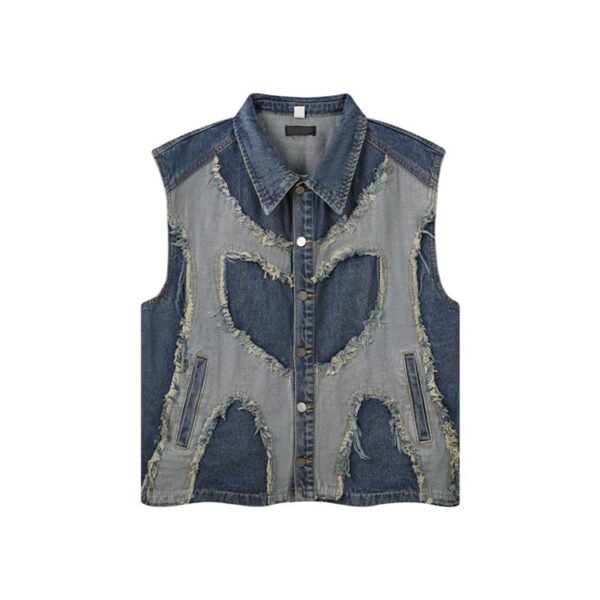 Distressed denim vest with patched details and button front