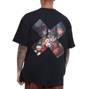 Black oversized t-shirt with a floral x graphic on the back