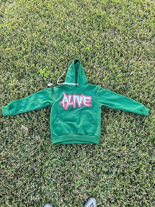 Green pullover hoodie with 'ALIVE' graphic print