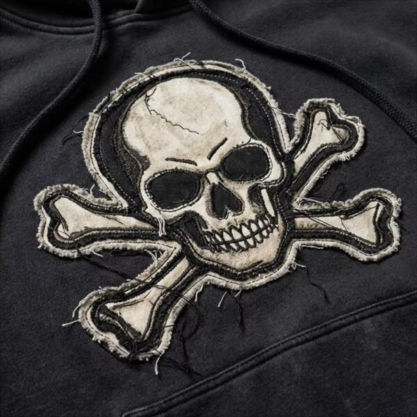 Custom Frayed Skull Applique Pullover Hoodie - VW-03CF - Style 03CF8F Black pullover hoodie with a frayed skull and crossbones applique