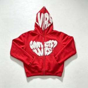 Custom Full-Face Zip Flame Heart Puff Embroidered Hoodie - Style F5CA1E