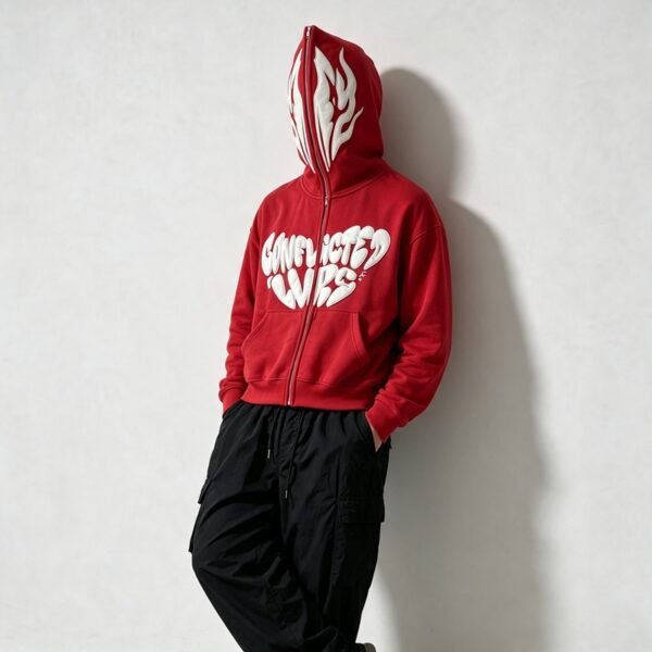 Custom Full-Face Zip Flame Heart Puff Embroidered Hoodie - Style F5CA1E - product detail view 5 Custom Full-Face Zip Flame Heart Puff Embroidered Hoodie - Style F5CA1E - product detail view 5