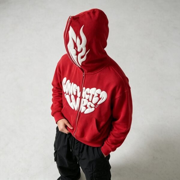 Custom Full-Face Zip Flame Heart Puff Embroidered Hoodie - Style F5CA1E - product detail view 6 Custom Full-Face Zip Flame Heart Puff Embroidered Hoodie - Style F5CA1E - product detail view 6