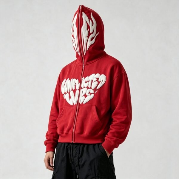 Custom Full-Face Zip Flame Heart Puff Embroidered Hoodie - Style F5CA1E - product detail view 7 Custom Full-Face Zip Flame Heart Puff Embroidered Hoodie - Style F5CA1E - product detail view 7