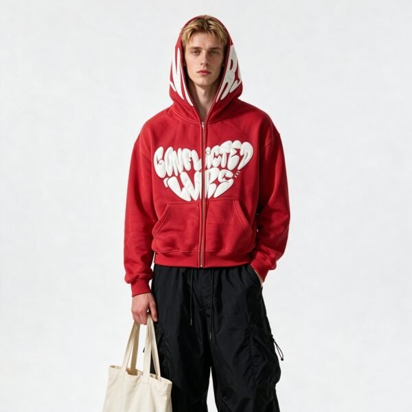 Custom Full-Face Zip Flame Heart Puff Embroidered Hoodie - Style F5CA1E - product detail view 8 Custom Full-Face Zip Flame Heart Puff Embroidered Hoodie - Style F5CA1E - product detail view 8