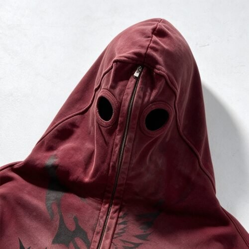 Maroon full-zip balaclava hoodie with eye holes