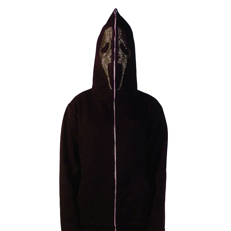 Black full-zip hoodie with a rhinestone mask design on the hood