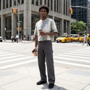 Man in cropped vintage panel seam t-shirt and grey pants