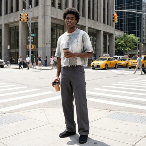 Man in cropped vintage panel seam t-shirt and grey pants
