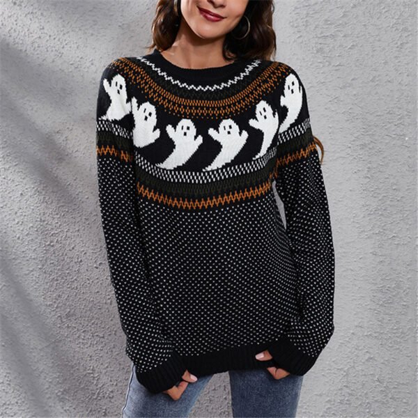 Custom Ghost Motif Jacquard Crewneck Sweater - Style D25734 Women's black crewneck sweater with ghost jacquard pattern
