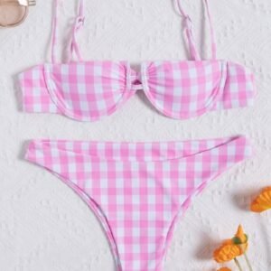 Pink and white gingham bikini with adjustable straps
