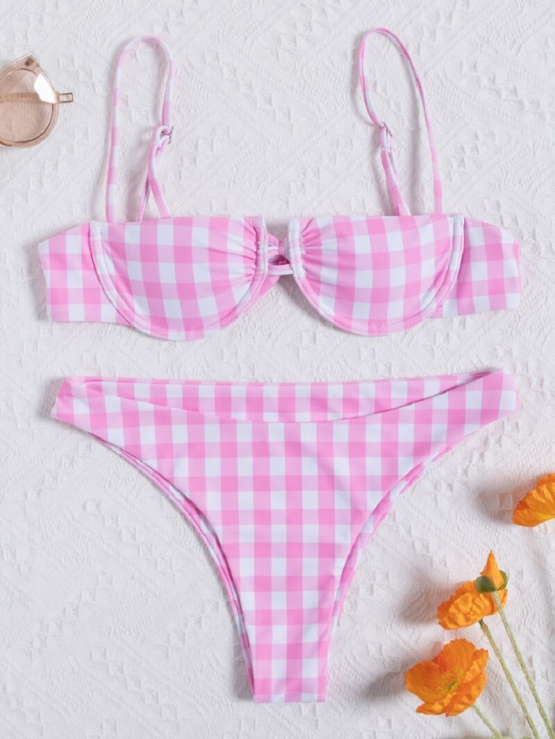 Pink and white gingham bikini with adjustable straps