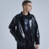 Custom Gloss-Finish Snap Front Bomber Jacket | - Style 1BFD50 Man wearing a custom gloss-finish snap front bomber jacket.