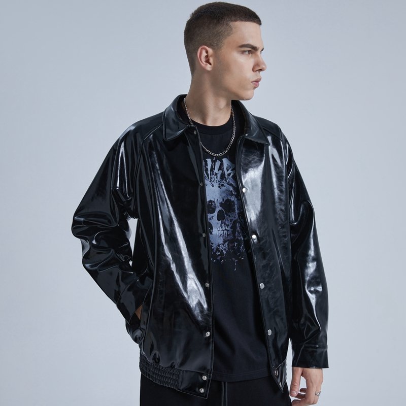 Man wearing a custom gloss-finish snap front bomber jacket.