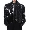 Men's glossy black PU motorcycle-inspired zip jacket.
