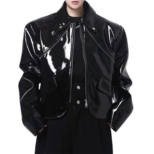 Men's glossy black PU motorcycle-inspired zip jacket.