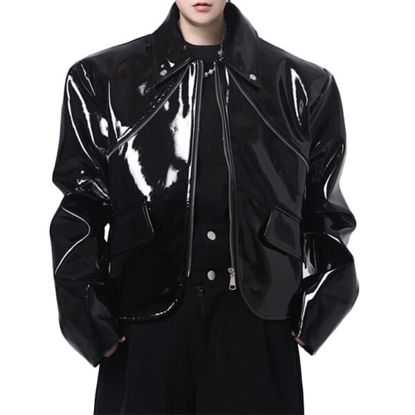 Men's glossy black PU motorcycle-inspired zip jacket.
