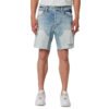 Light wash distressed denim cargo shorts with raw hems and paint splatter