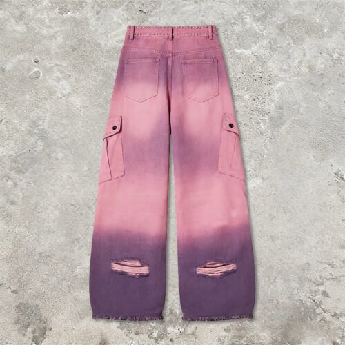 Custom Gradient Distressed Rivet Cargo Pants - Style 7B7299 Back view of pink and purple gradient distressed rivet cargo pants