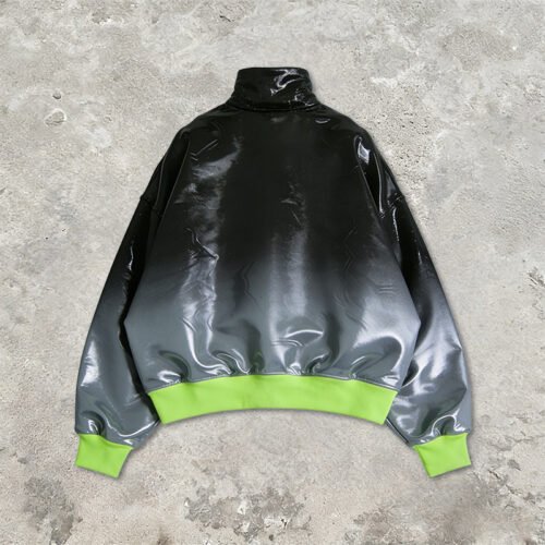 Custom Gradient Gel-Print Bomber Jacket - Style AC4B88 Black and grey gradient bomber jacket with neon green accents