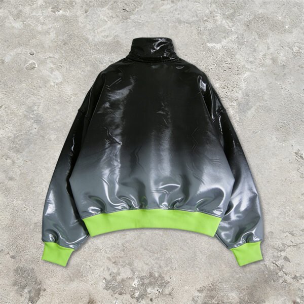 Custom Gradient Gel-Print Bomber Jacket - Style AC4B88 Black and grey gradient bomber jacket with neon green accents