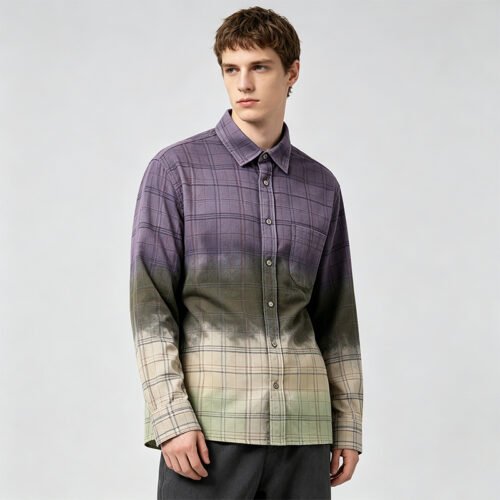 Man wearing a purple to green gradient plaid long-sleeve shirt