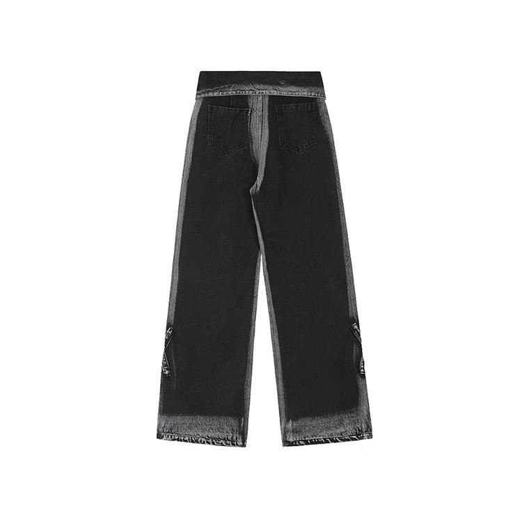 Back view of custom gradient-wash loose fit black denim jeans