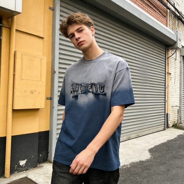 Custom Gradient Washed Embroidered Streetwear T-Shirt - Style E6E099 - product detail view 2 Custom Gradient Washed Embroidered Streetwear T-Shirt - Style E6E099 - product detail view 2