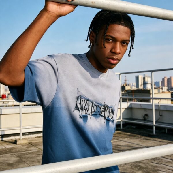 Custom Gradient Washed Embroidered Streetwear T-Shirt - Style E6E099 - product detail view 3 Custom Gradient Washed Embroidered Streetwear T-Shirt - Style E6E099 - product detail view 3
