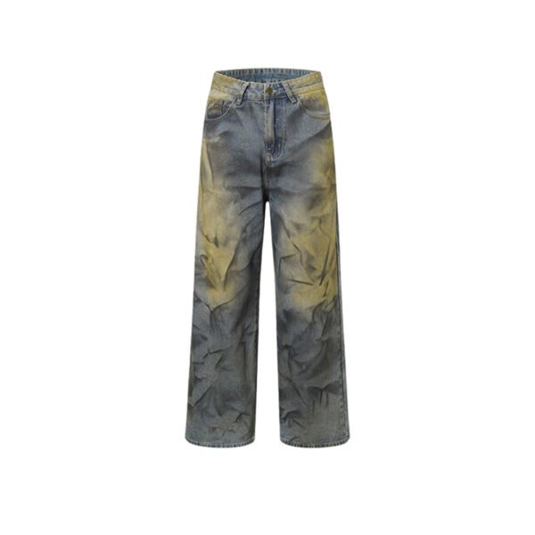 Loose straight-leg jeans with a gradient wash in yellow and grey.