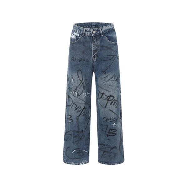 Custom Graffiti Print Loose Straight Denim Jeans - Style CFD38E