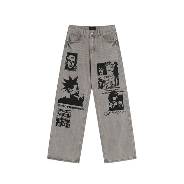 Custom Graffiti Print Loose Straight Denim Jeans - Style CFD38E - product detail view 2