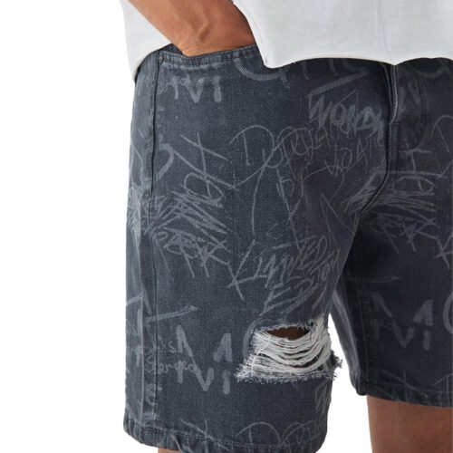Custom Graffiti Washed Ripped Denim Shorts | - Style B32343 Grey distressed denim shorts with all-over graffiti print