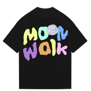 Black t-shirt with colorful 'MOON WALK' text graphic