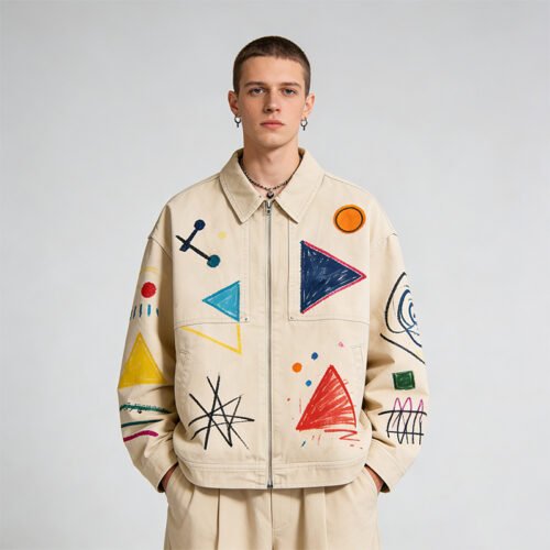 Custom Graphic Canvas Zip Jacket | - Style 7F6199 Beige canvas zip jacket with abstract geometric graphics