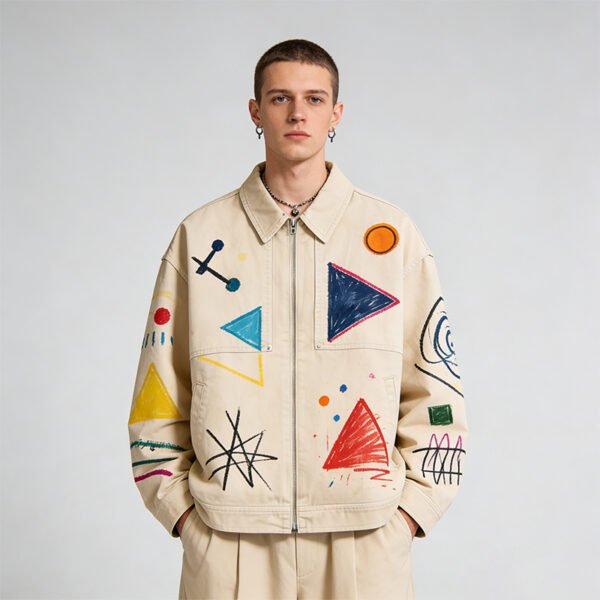 Beige canvas zip jacket with abstract geometric graphics