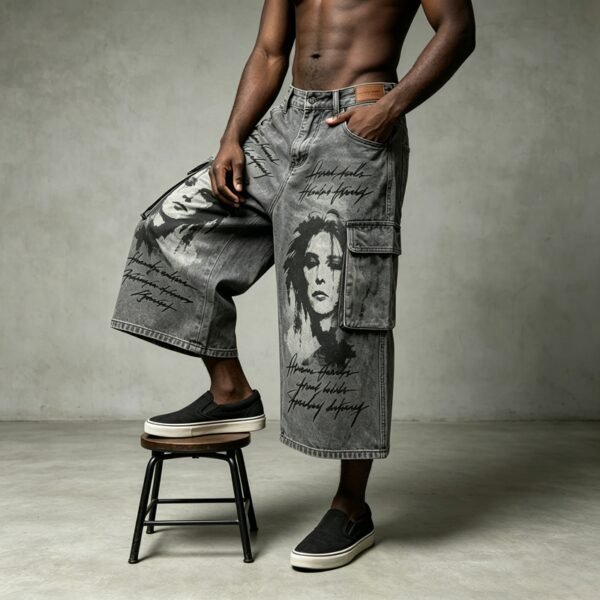 Custom Acid-Washed Graphic Cargo Capri Jeans - Style 2245EB - product detail view 3 Custom Acid-Washed Graphic Cargo Capri Jeans - Style 2245EB - product detail view 3