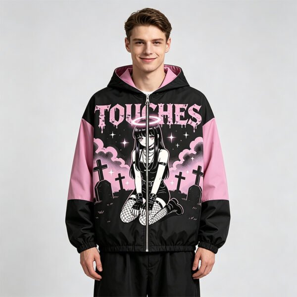 Custom Pink Gothic Graphic Color Block Windbreaker - Style 64FA54 - product detail view 2 Custom Pink Gothic Graphic Color Block Windbreaker - Style 64FA54 - product detail view 2