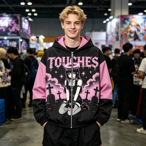 Custom Pink Gothic Graphic Color Block Windbreaker - Style 64FA54 - product detail view 5 Custom Pink Gothic Graphic Color Block Windbreaker - Style 64FA54 - product detail view 5